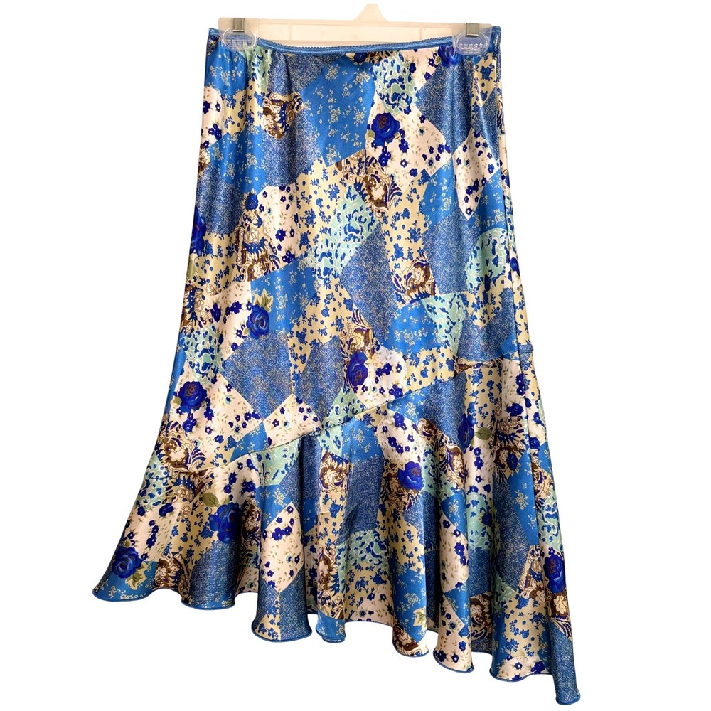 Floral Patchwork‎ Satin Midi Skirt Size Large Flowy Boho Cottage Whimsical Fairy